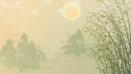 Oriental painting illustration, wallpaper with clouds and mountains, landscape painting 동양화, 산수화 일러스트 (4) 대나무
