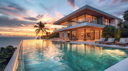 Obraz premium Luxury villa with pool at sunset. Generative AI.
