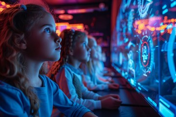 Obraz premium Focused young girls in futuristic control room with holographic screens