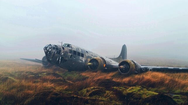 An old bomber plane sits abandoned on a grassy moor, shrouded in a thick fog