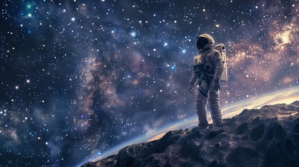 Obraz premium In vast space, a lone astronaut marvels at countless stars and galaxies, contemplating the universe's mysteries amid silent beauty, balancing wonder with isolation.
