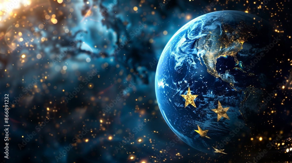 Aufkleber stunning ai-generated space image of earth with golden stars. mesmerizing view from space. ideal for