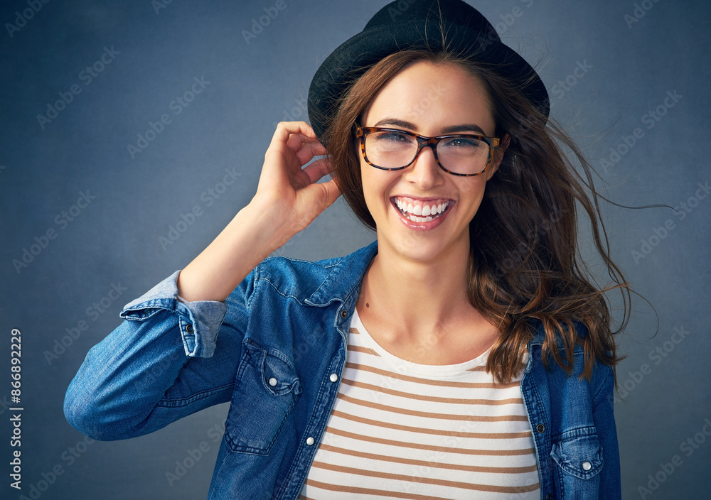 Sticker Woman, portrait and spectacles in studio for eyesight or eyecare, wellness and prescription for clear vision with happiness. Girl, glasses and isolated on dark background for eyewear and optometry.