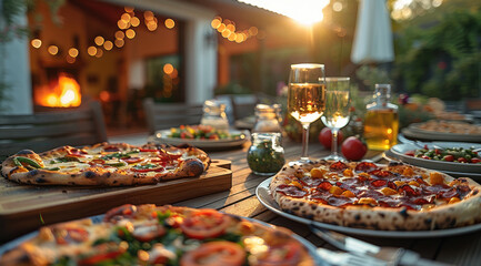 In the comfortable atmosphere of the backyard, with the bright blue sky as the background, the backyard dinner party, the table has rich food, pizza, steak. Generative AI.