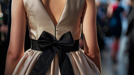 A womans back in a beige dress with a large black bow tied at the waist. The dress is simple and elegant, and the bow adds a touch of whimsy