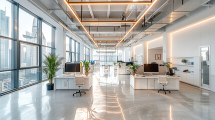 International corporate open office, fashionable and warm technological style, white office furniture, strip chandeliers. Generative AI.