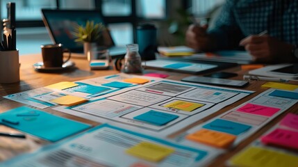 Fototapeta premium Professionals discussing digital marketing strategies, with website wireframes and promotional materials spread out on a modern office table