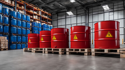 Warehouse storage - Red metal barrels containing flammable liquids sit on a pallet