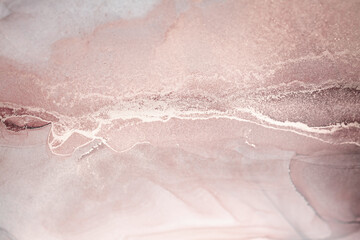A close-up abstract image featuring swirling shades of pink and white with a delicate silver streak...
