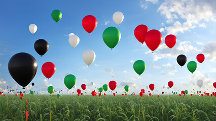Bunch of colorful balloons (red, green, white, and black) floats under a clear afternoon sky
