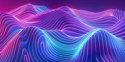 Obraz premium Abstract neon landscape with glowing blue and pink wavy lines. Futuristic, technology, and digital art concept.