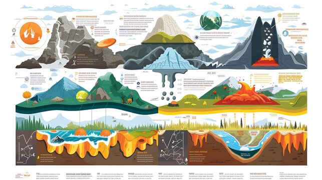 Infographic depicting the stages of the rock cycle including igneous sedimentary and metamorphic processes with visual representations and explanations for each stage