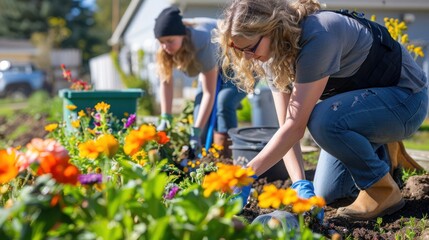 Employees participating in a community cleanup event, picking up trash and planting flowers