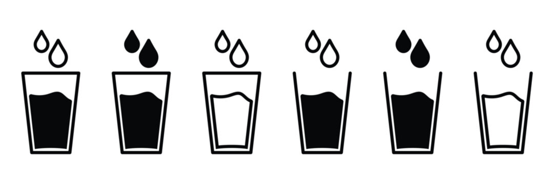Set of Water glass with water drops icons. Drinking water symbol. Vector Illustration.