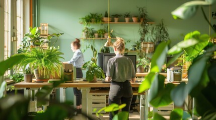 green office space with employees working at standing desks made from sustainable materials and surrounded by plants