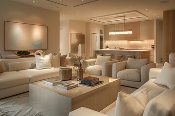 Luxurious Living Room and Kitchen with Soft Lighting and Modern Decor for Ultimate Relaxation
