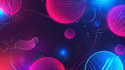 Abstract background with neon spheres, glowing lines, and dynamic shapes. Perfect for digital art, cyberpunk, or music backgrounds.