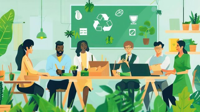 team of colleagues participating in an eco-friendly workshop on sustainable product design
