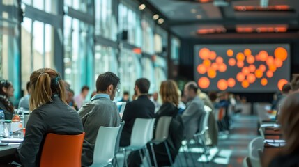 Entrepreneurs attending a seminar on digital marketing, engaging in discussions and taking notes in a large conference room