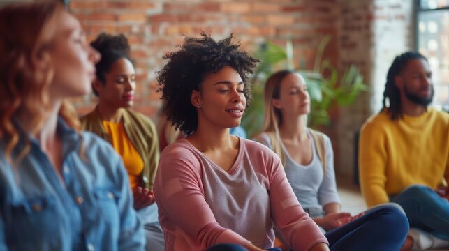Employees participating in a group relaxation exercise, focusing on deep breathing and mindfulness