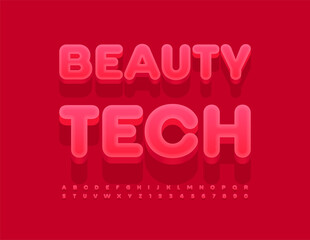 Vector trendy banner Beauty Tech. Modern Cool 3D Font, Cute Red set of Alphabet Letters and Numbers