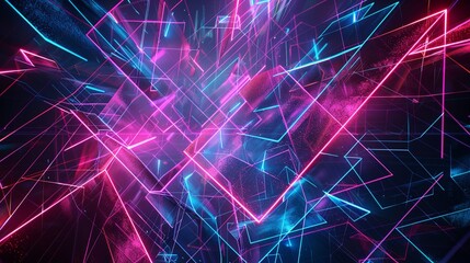 Abstract futuristic neon background with glowing geometric shapes and lines. Synthwave, cyberpunk, retrowave concept