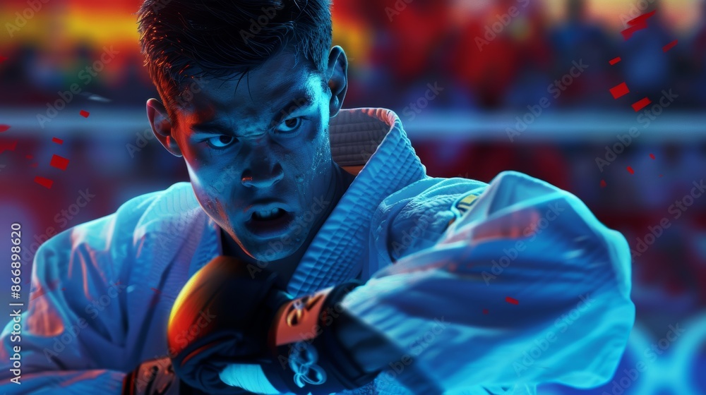 Poster dynamic karateka in intense bout at olympic games with determined expression and energetic backgroun