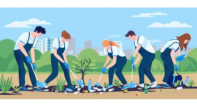 team of professionals participating in a community cleanup event, picking up litter and planting trees