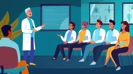 wellness coach giving a presentation on healthy living to a group of attentive employees