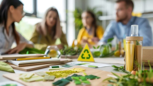 team of professionals brainstorming around a table with sustainable products and materials laid out in front of them