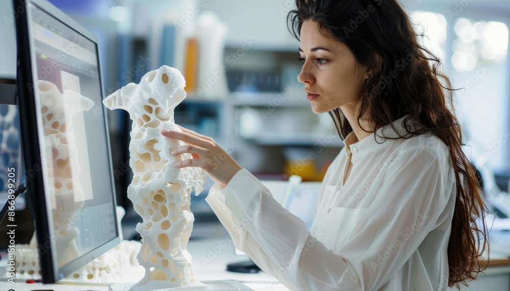 Poster in an advanced technology laboratory, a female engineer is examining a 3d model on a computer screen