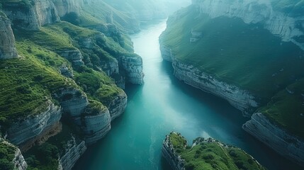 Fototapeta premium Water flows through green canyons. Aerial high view. Generative AI.