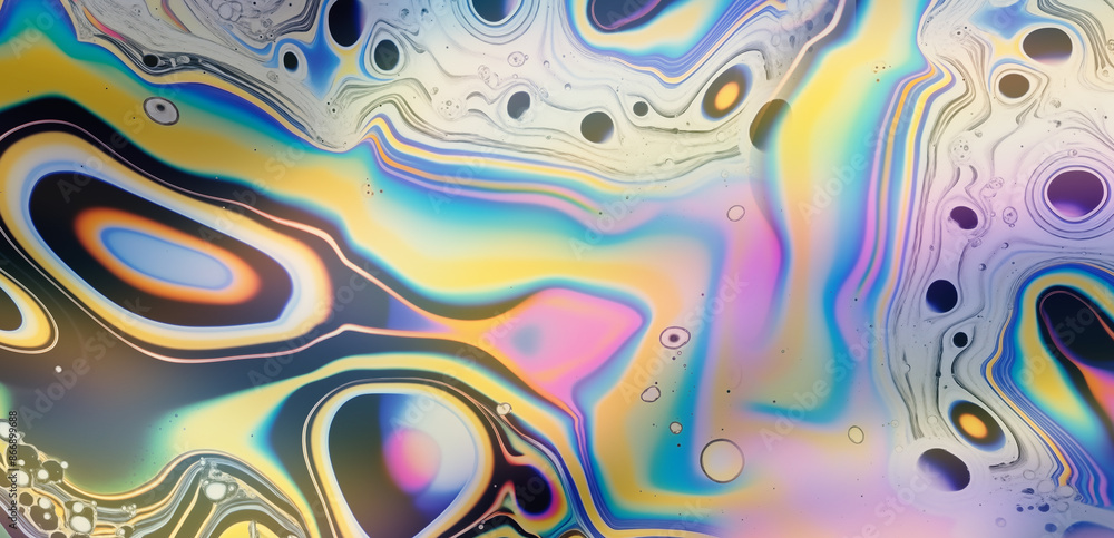 Poster psychedelic trippy abstract background with curved acid stains.