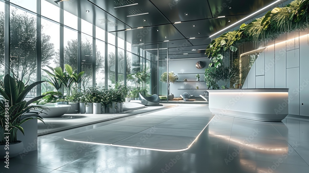 Aufkleber a spacious and futuristic office space that blends advanced technology with elements of nature. in t