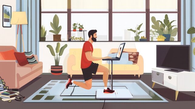 man participating in a virtual fitness class on a laptop, exercising in his living room