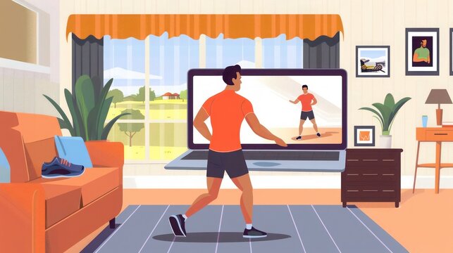 man participating in a virtual fitness class on a laptop, exercising in his living room
