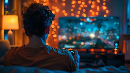 Obraz premium Young man playing video games in a cozy, illuminated room, perfect for lifestyle photography, gaming content, and entertainment themes. Ideal for posters, websites, and digital backgrounds.