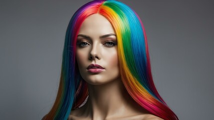 realistic photography of rainbow long hair wig in a ma background