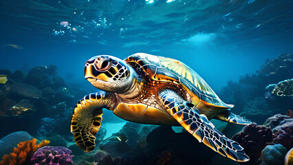 Fototapeta premium A lonely sea turtle faces the threat of pollution