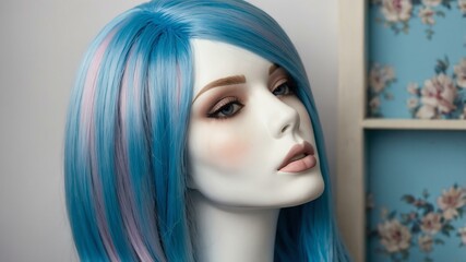 Naklejka premium realistic photography of pastel blue long hair wig in background