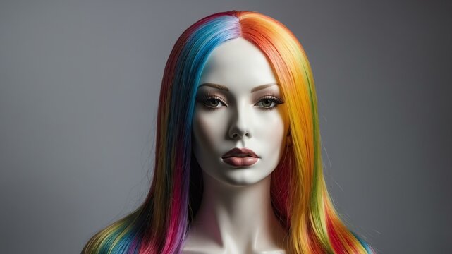 realistic photography of rainbow long hair wig in a ma background