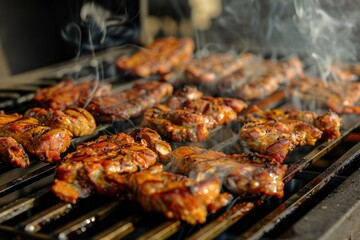 Delicious seasoned meats grilling over an open flame, creating a mouthwatering aroma