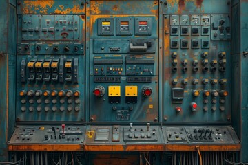 Rusty Industrial Control Panel With Switches, Gauges, and Buttons
