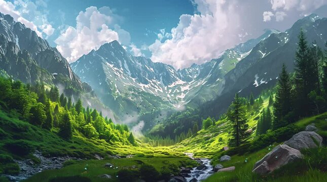 Scenic river valley nestled between majestic mountains
 Seamless looping 4k time-lapse virtual video animation background. Generated AI