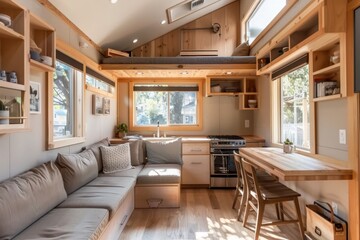 Fototapeta premium Cozy Tiny Home Interior with Multifunctional Furniture and Warm Color Palette for Comfortable Living