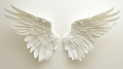 Pair of white angel wings on a white background, ethereal concept