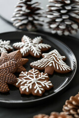 Fototapeta premium Plate of beautifully decorated gingerbread cookies shaped like snowflakes, Christmas trees, and other festive designs. Perfect for holiday celebrations.
