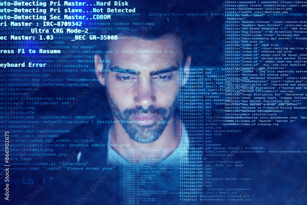 Leinwandbilder Code, face and programming language with person at computer screen in office for cybersecurity. Data, software and technology with professional programmer in workplace for digital coding on monitor