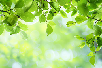 Fresh green leaves with sunlight filtering through, creating a tranquil and refreshing natural scene, ideal for a background or copyspace.