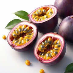 Halved passion fruits with yellow seeds and pulp, surrounded by whole fruits and green leaves. 3D Render.